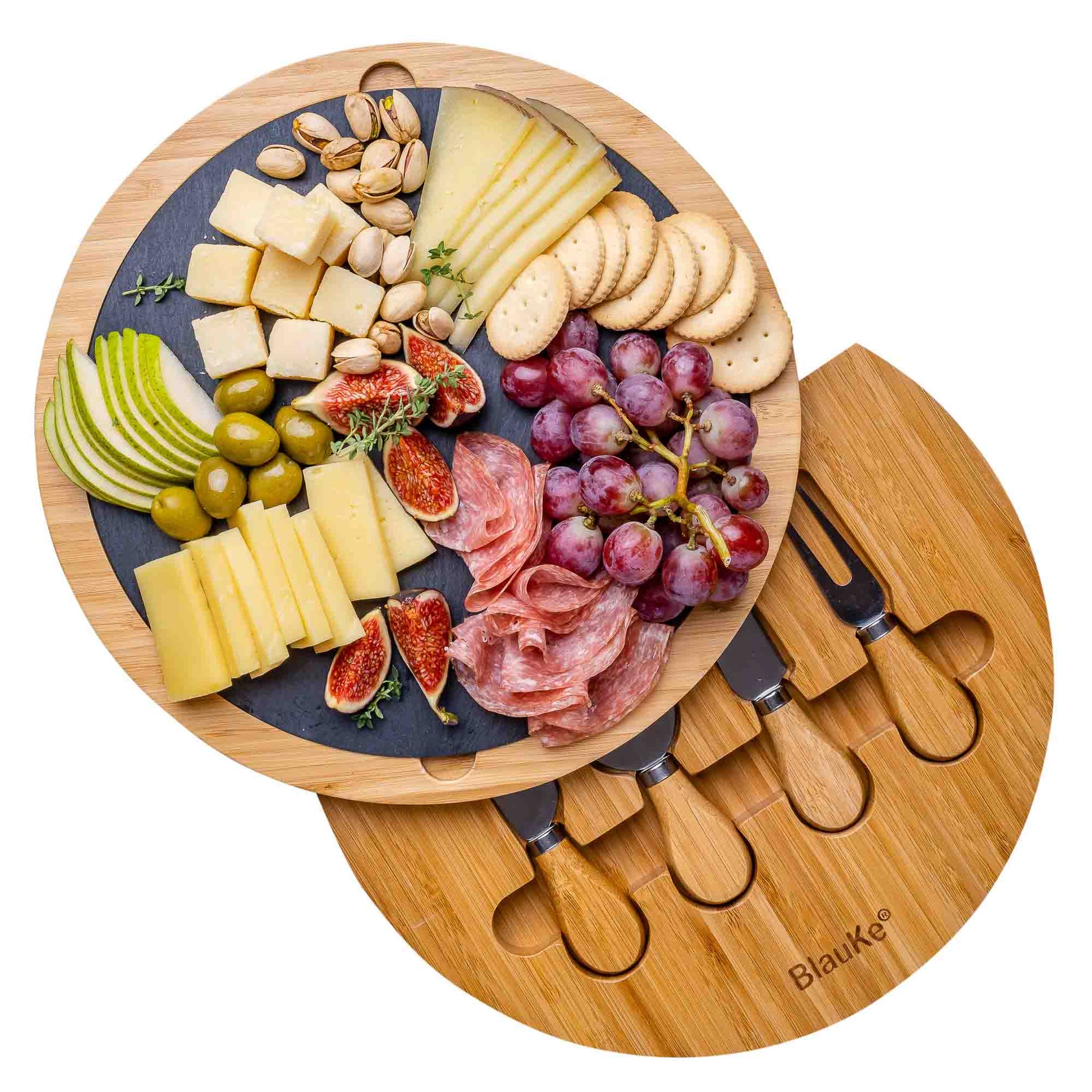 Round Bamboo Cheese Board with Knife Set and Removable Slate 12